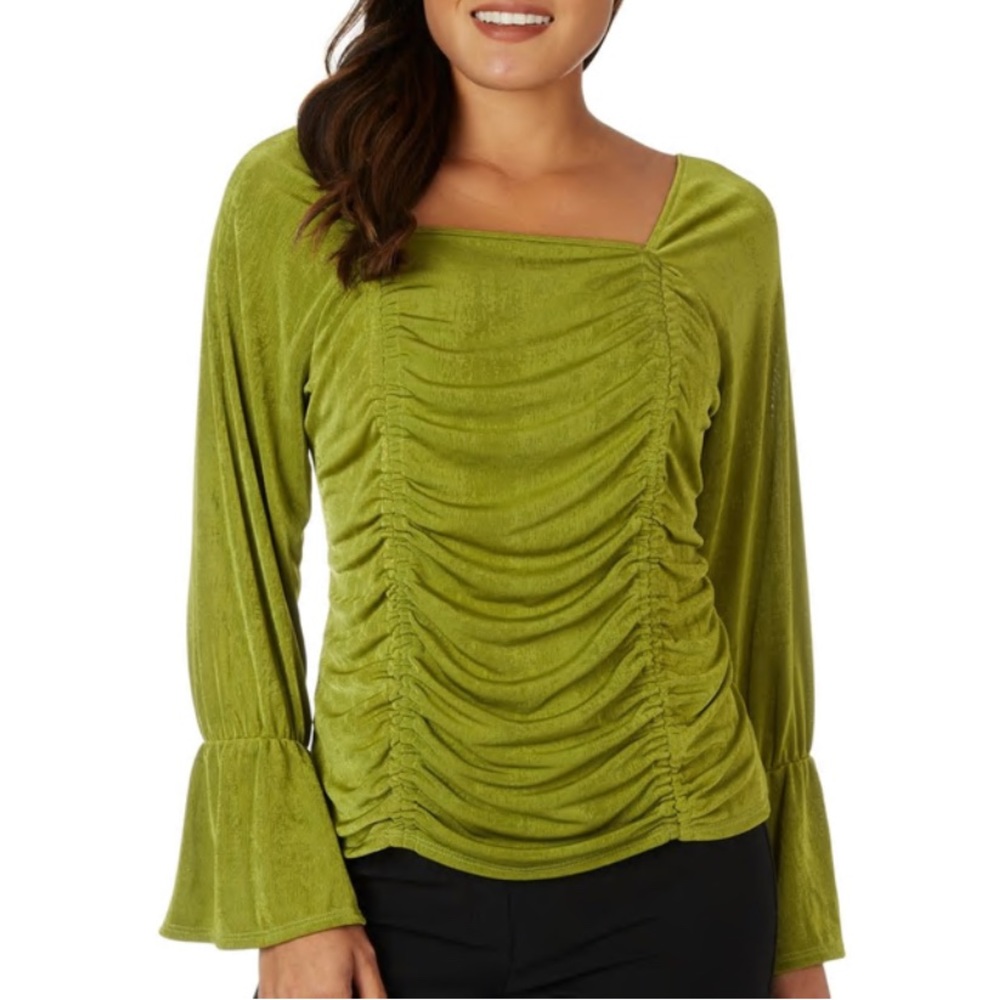 🌞Summer Clearance Ava James Womens Solid Slinky Green Front Ruched Long Sleeve